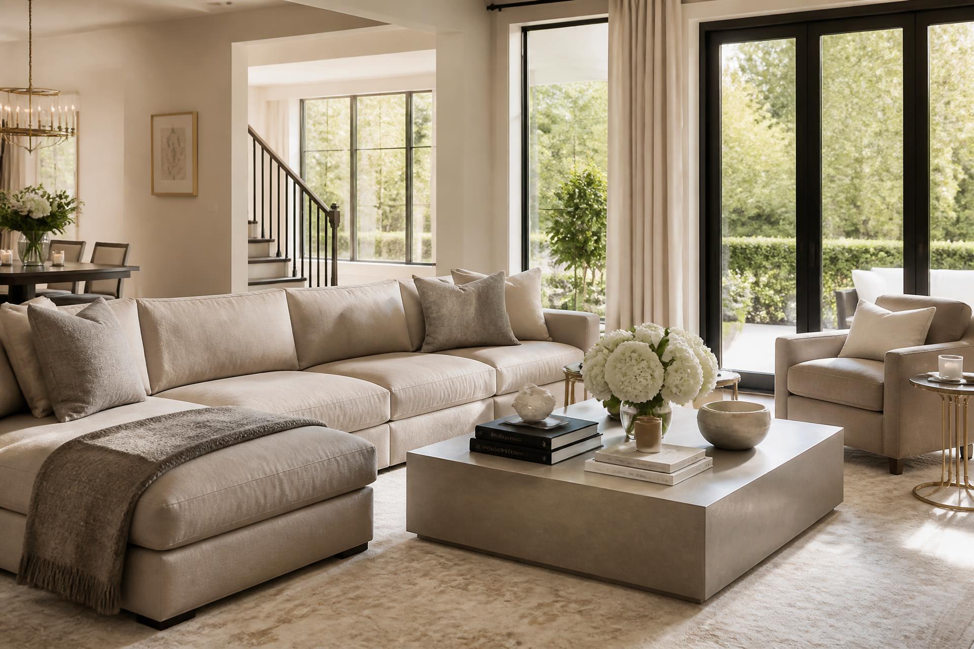 Sunlit luxury living room, spotless and beautifully styled